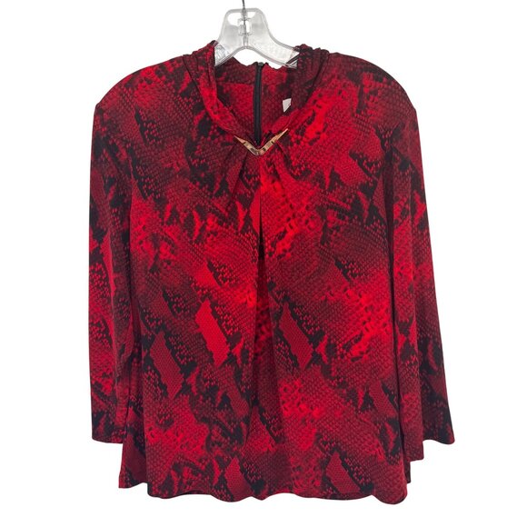 Calvin Klein Red  Black Snake Print  Blouse top knit Gold Accent Detail size lar - Picture 1 of 11
